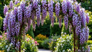 a garden arch is draped in cascading wisteria blooms, their long clusters of lavender flowers swaying in the breeze. photo
