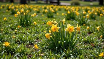 bright yellow daffodils bloom in scattered patches across a grassy park, trumpet shaped flowers signaling spring's arrival. photo
