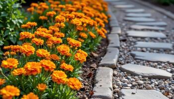 a bed of bright orange marigolds forms glowing borders along gravel garden paths, their colors vibrant against stone. photo