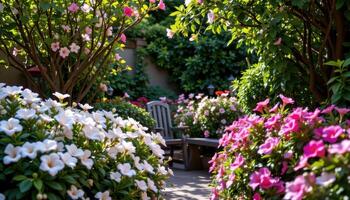 a shaded garden nook fills with white gardenias and pink azaleas, their rich fragrances mingling in warm air. photo
