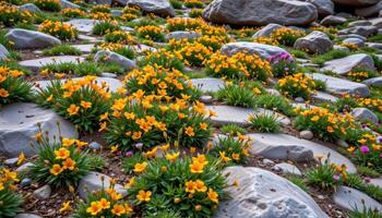 a rocky slope dotted with vibrant orange tiger lilies and patches of wild thyme creates mosaics of color and texture. photo