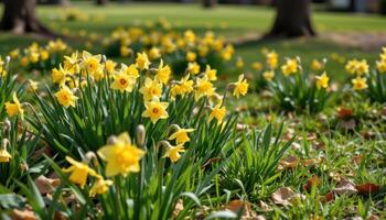 bright yellow daffodils bloom in scattered patches across grassy parks, their trumpet shaped flowers signaling spring's arrival. photo