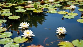 a quiet pond is surrounded by blooming water lilies, their pale petals reflecting perfectly in still, clear waters. photo