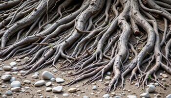 dried riverbed with twisted tree roots and scattered stones. photo