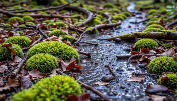 rain soaked forest floor covered in moss and scattered branches. photo