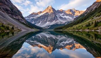 mountain reflection mirrored perfectly in still water. photo