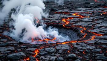lava field with dark rock and cooling steam rising. photo