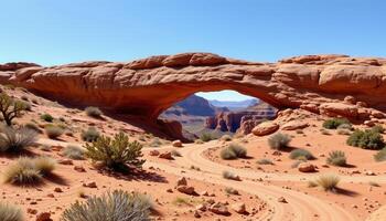 stone arch in a red desert landscape under clear skies. photo