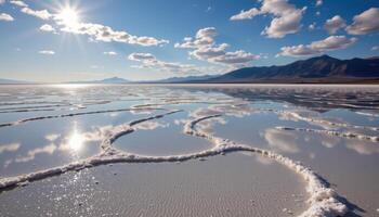 shimmering salt flats reflecting afternoon sky. photo