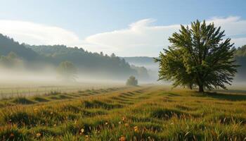 mist hanging low above wide grassy plain. photo