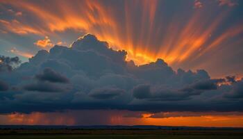 sunset illuminating thick storm clouds above plains. photo