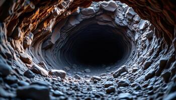 dry lava tube winding under a rocky surface photo