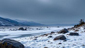 icy tundra with frozen ground and scattered stones photo
