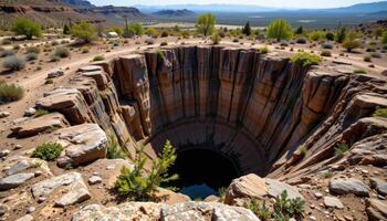 deep sinkhole in a desolate karst landscape photo