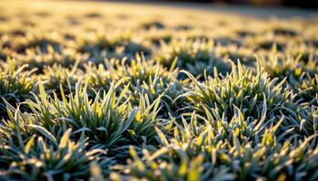 field of frost covered grass sparkling in dawn light photo