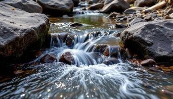 crystal clear stream cascading over smooth black rocks photo