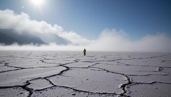 fog hovering above a cracked salt flat photo