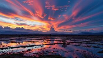 twilight over waterlogged plains with distant hills photo