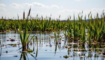 wetland with cattails swaying and water glistening photo