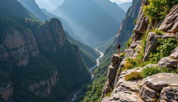 narrow cliff ledge overlooking a misty ravine photo