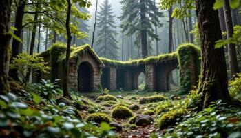 moss covered ruins peeking from thick forest floor photo