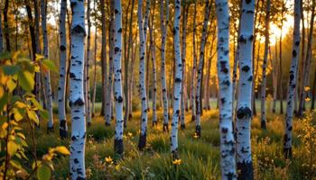 dense grove of birch trees glowing in golden hour photo