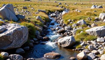shallow creek flowing through rocky farmland photo