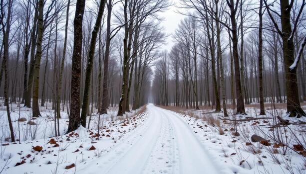 cold forest path with thin snow cover and bare trees photo