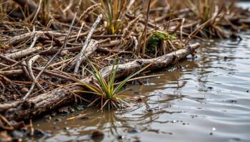 muddy riverbank lined with reeds and driftwood photo