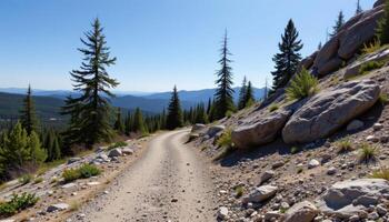 ridge trail lined with loose gravel and exposed rock photo