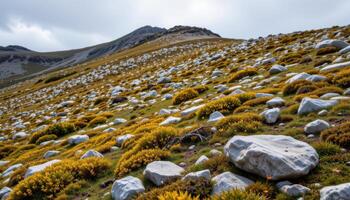 tundra hillside dotted with lichen covered stones photo
