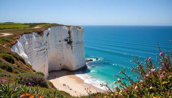 bright white cliff towering above a narrow beach photo