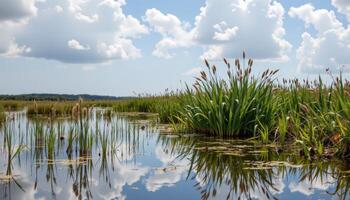 marsh with still water and tangled reeds photo
