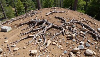 dry hilltop ridge with exposed roots and scattered stones photo