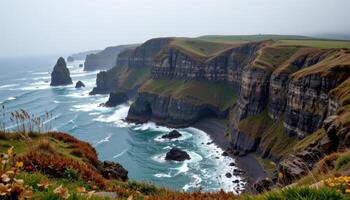 windswept coastline with tall cliffs and sea spray photo