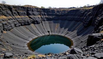 sunken crater with jagged black rock and still water photo