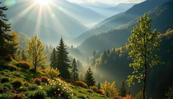 faint sunbeam cutting through heavy valley mist photo