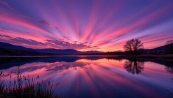 mirror like lake beneath a violet evening sky photo