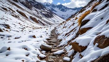 steep valley trail lined with snow covered stones photo