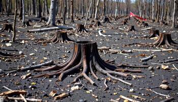 charred landscape with scorched tree stumps and ash photo