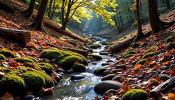 shaded ravine filled with fallen leaves and mossy logs photo