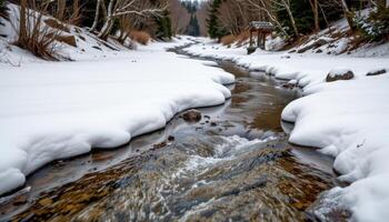 melted snow revealing pale stone riverbeds photo