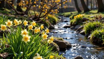 daffodils blooming beside a gentle stream photo