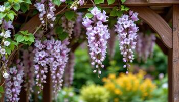 blossoming wisteria hanging from a wooden arch photo
