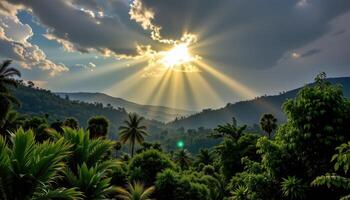 bright sunburst breaking through heavy jungle clouds photo