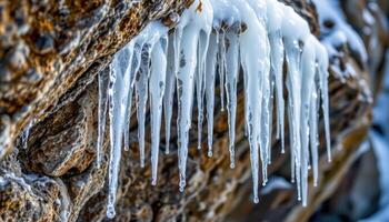 glistening icicles hanging from frozen rock ledge photo