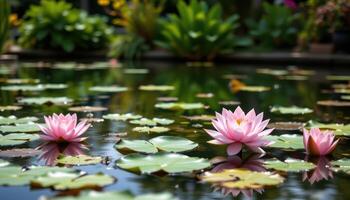 lotus garden in tranquil still water photo