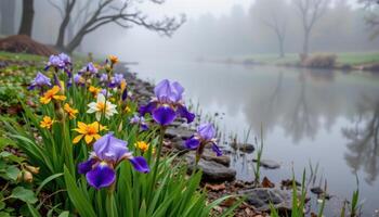 irises blooming along a foggy riverbank photo