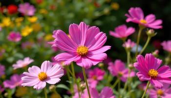 pink cosmos swaying in a summer breeze photo