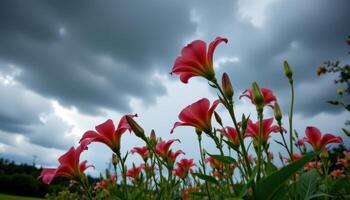 trumpet lilies reaching toward a stormy sky photo